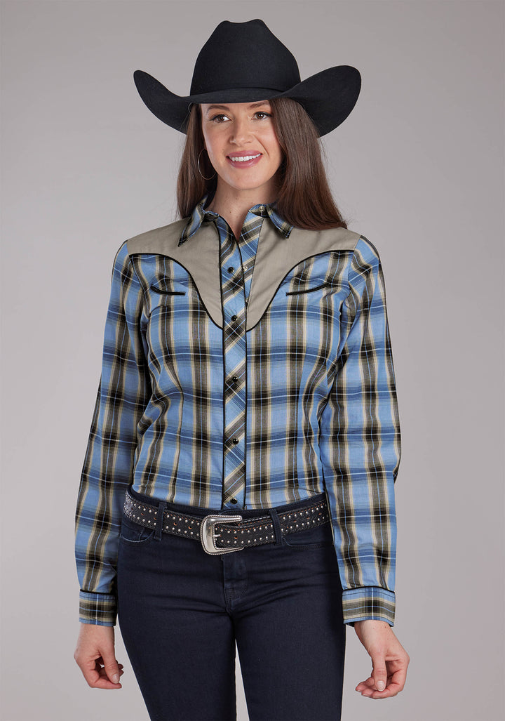 WOMENS BLUE AND BROWN PLAID, SMILE POCKETS LONG SLEEVE SNAP WESTERN SHIRT