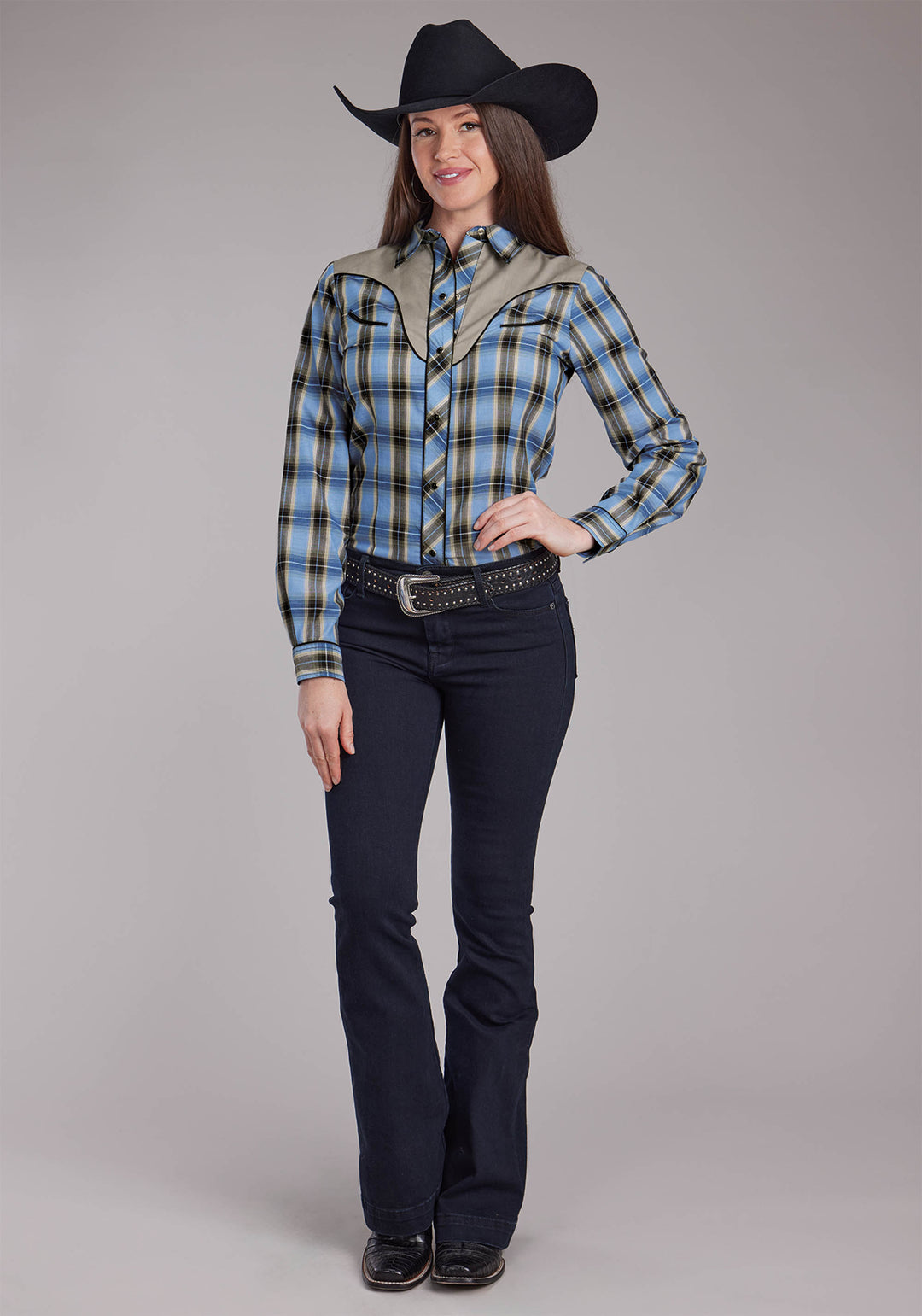 WOMENS BLUE AND BROWN PLAID, SMILE POCKETS LONG SLEEVE SNAP WESTERN SHIRT