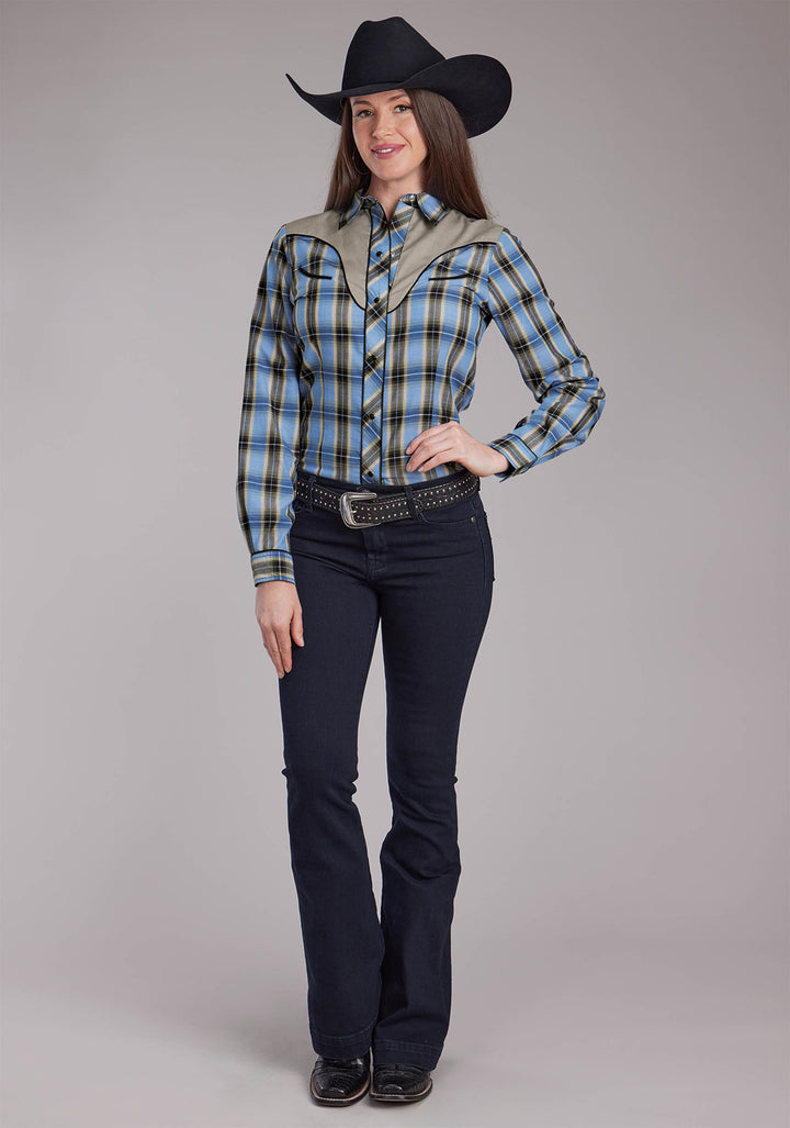 WOMENS BLUE AND BROWN PLAID, SMILE POCKETS LONG SLEEVE SNAP WESTERN SHIRT