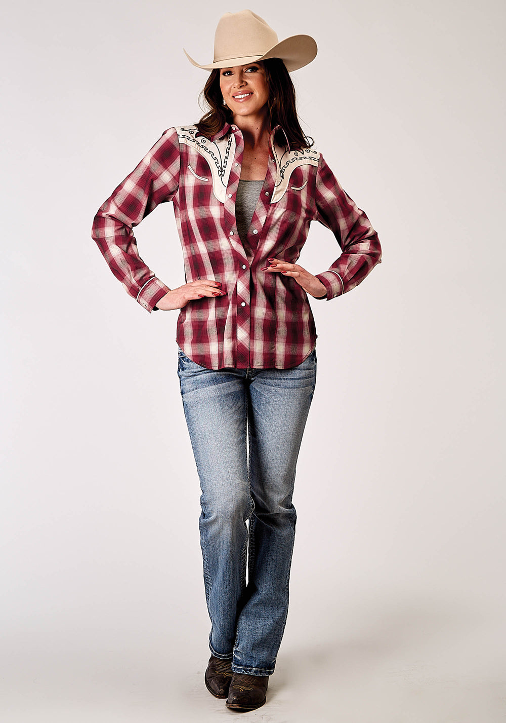 WOMENS LONG SLEEVE SNAP RED PLAID WESTERN SHIRT WITH FANCY CURVED YOKES APPLIQUE ON FRONT YOKE