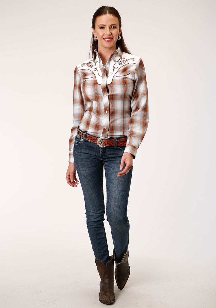 WOMENS LONG SLEEVE SNAP BUTTERSCOTCH  LIGHT BLUE  CREAM PLAID WESTERN SHIRT