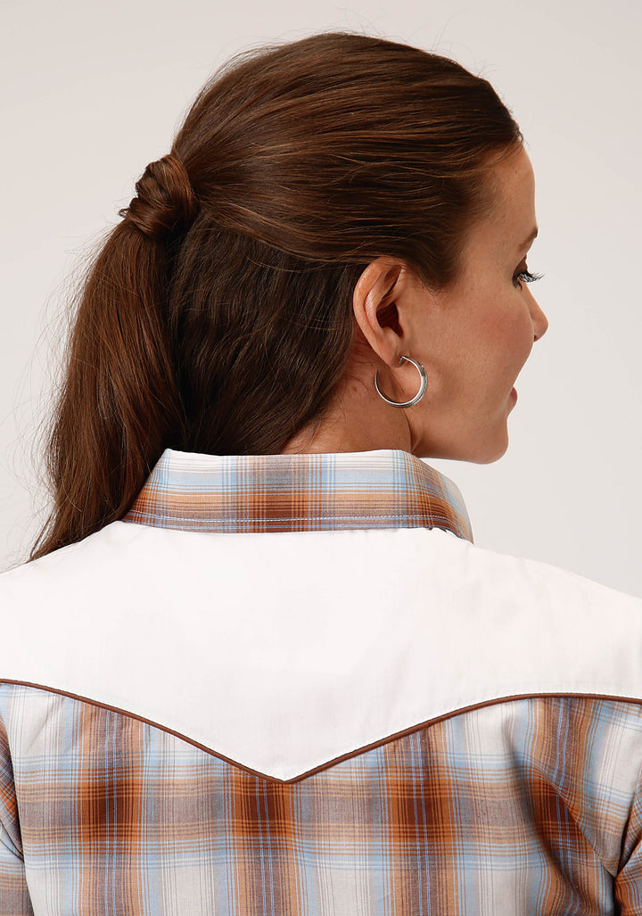 WOMENS LONG SLEEVE SNAP BUTTERSCOTCH  LIGHT BLUE  CREAM PLAID WESTERN SHIRT