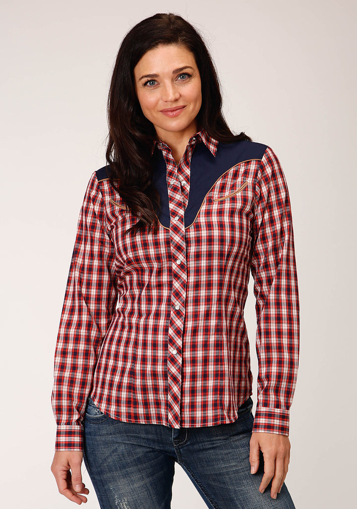 WOMENS LONG SLEEVE SNAP RED NAVY AND CREAM SMALL PLAID SCALE WESTERN SHIRT