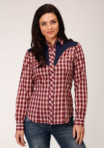 WOMENS LONG SLEEVE SNAP RED NAVY AND CREAM SMALL PLAID SCALE WESTERN SHIRT