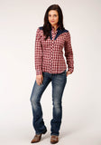 WOMENS LONG SLEEVE SNAP RED NAVY AND CREAM SMALL PLAID SCALE WESTERN SHIRT