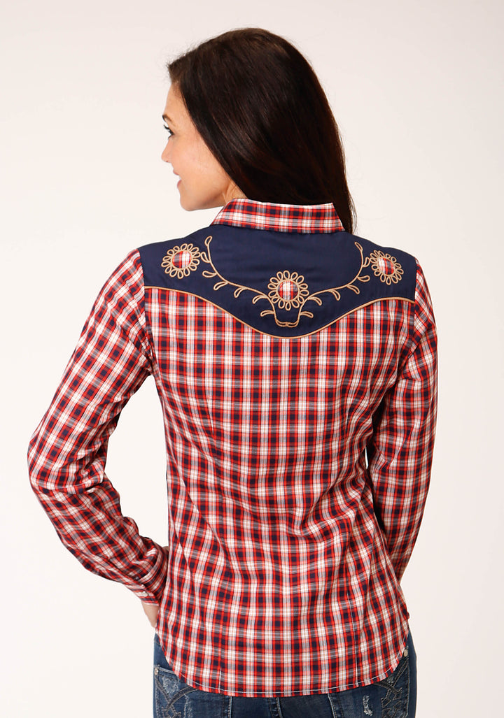 WOMENS LONG SLEEVE SNAP RED NAVY AND CREAM SMALL PLAID SCALE WESTERN SHIRT