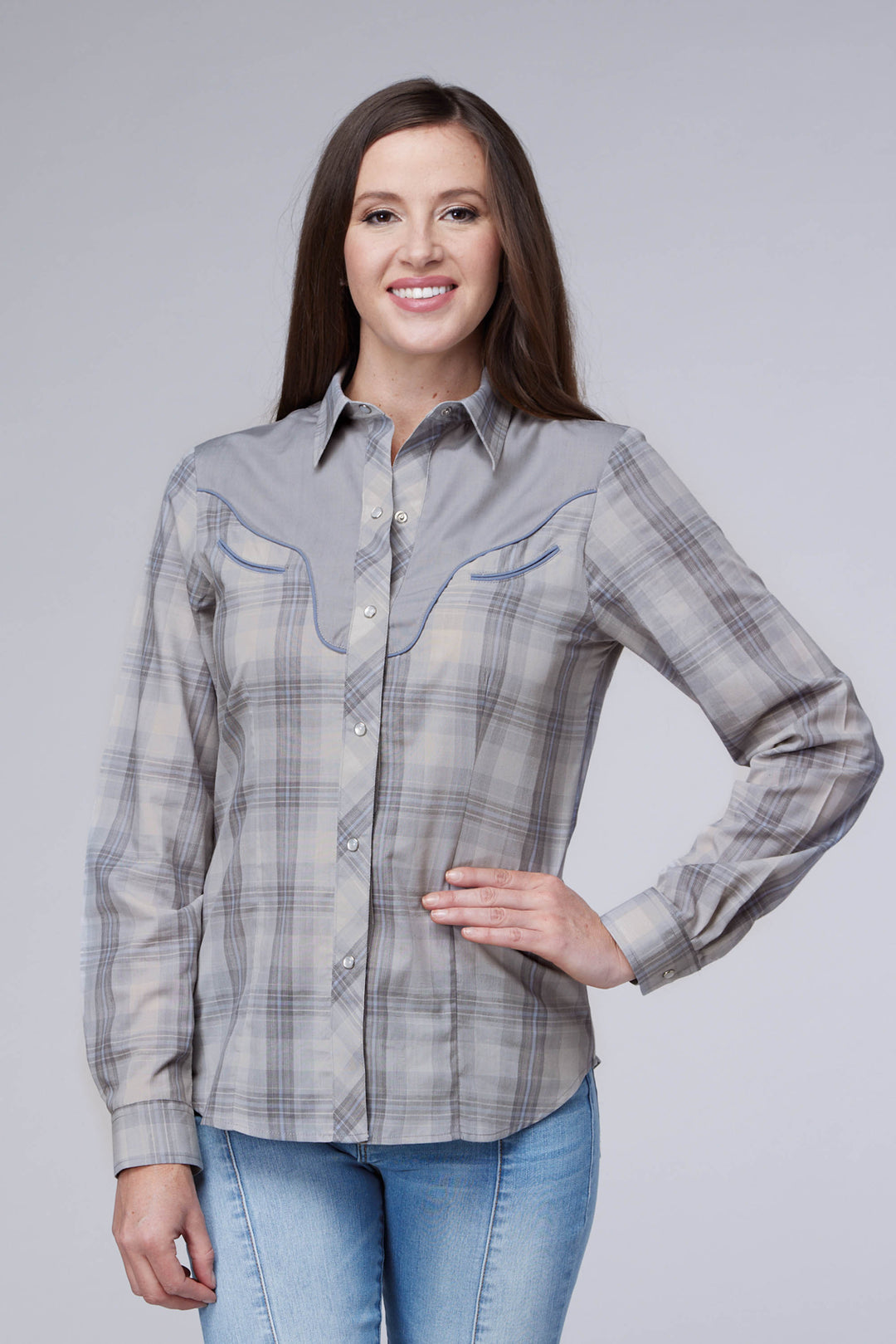 WOMENS GRAY AND LIGHT BLUE PLAID LONG SLEEVE SNAP WESTERN SHIRT