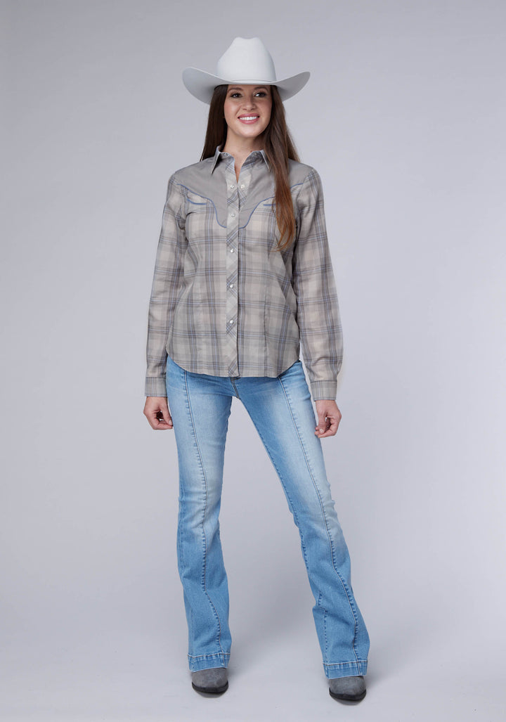 WOMENS GRAY AND LIGHT BLUE PLAID LONG SLEEVE SNAP WESTERN SHIRT