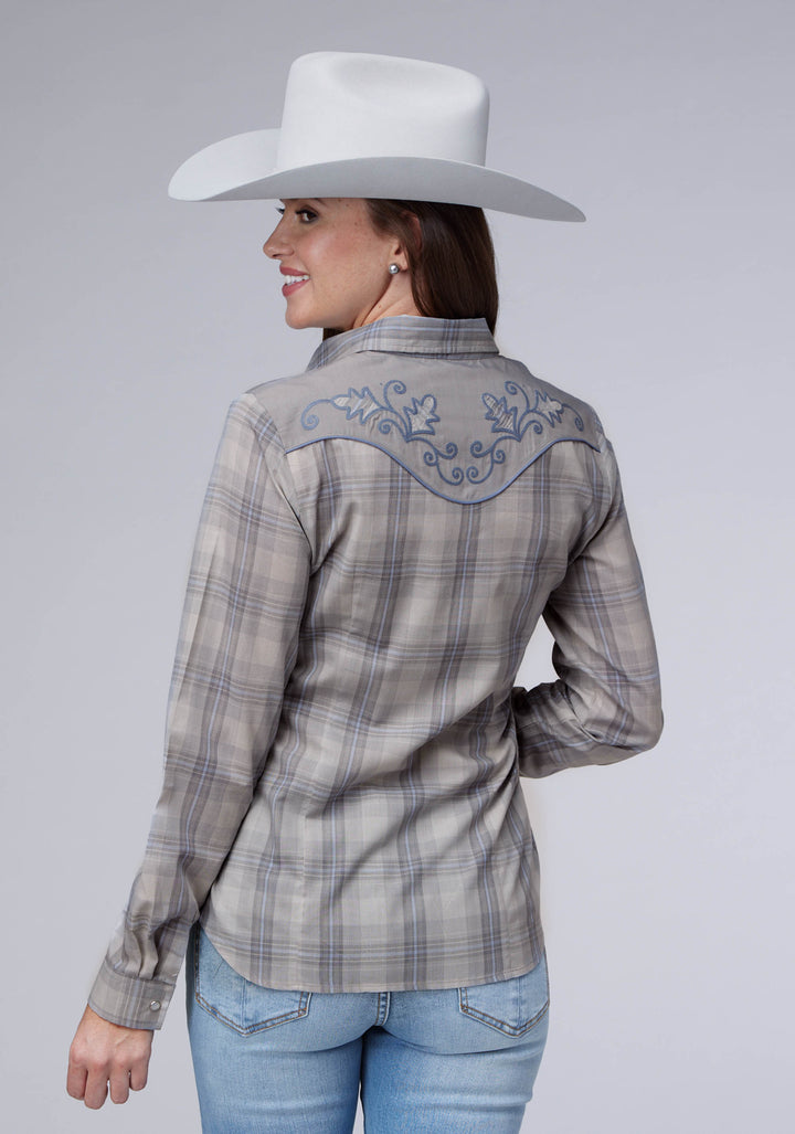 WOMENS GRAY AND LIGHT BLUE PLAID LONG SLEEVE SNAP WESTERN SHIRT