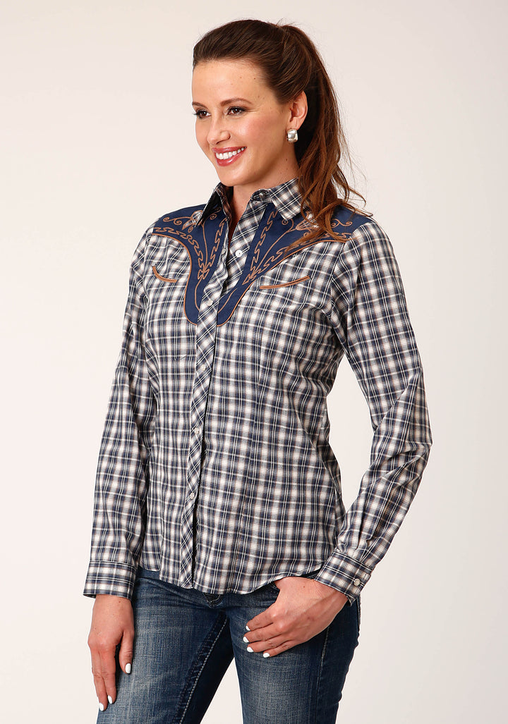 WOMENS LONG SLEEVE SNAP NAVY CREAM TAN SMALL SCALE PLAID WESTERN SHIRT WITH PIPING AND APPLIQUE ON YOKES
