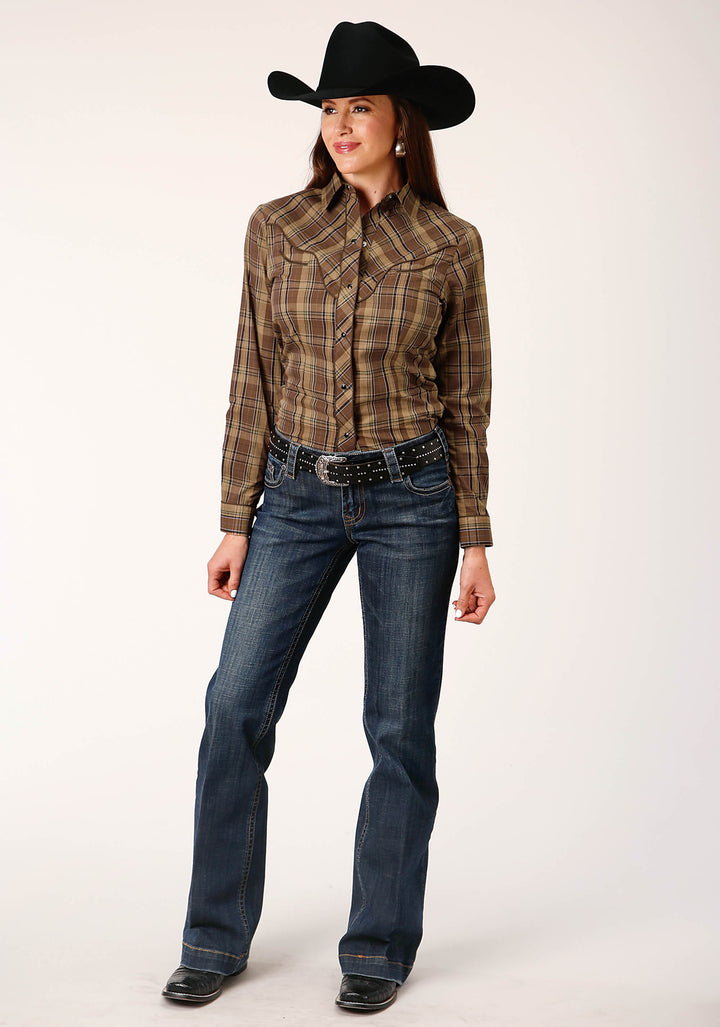 WOMENS LONG SLEEVE SNAP MULTI BROWN PLAID WESTERN SHIRT
