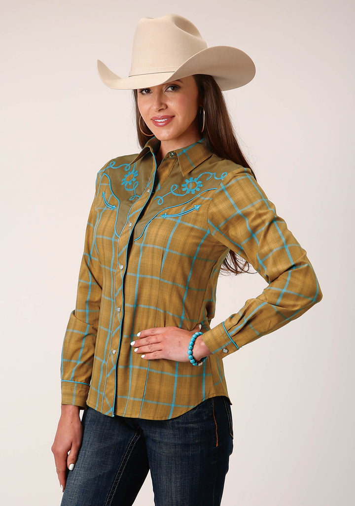 WOMENS LONG SLEEVE SNAP BUTTERSCOTCH TURQUOISE PLAID WESTERN SHIRT