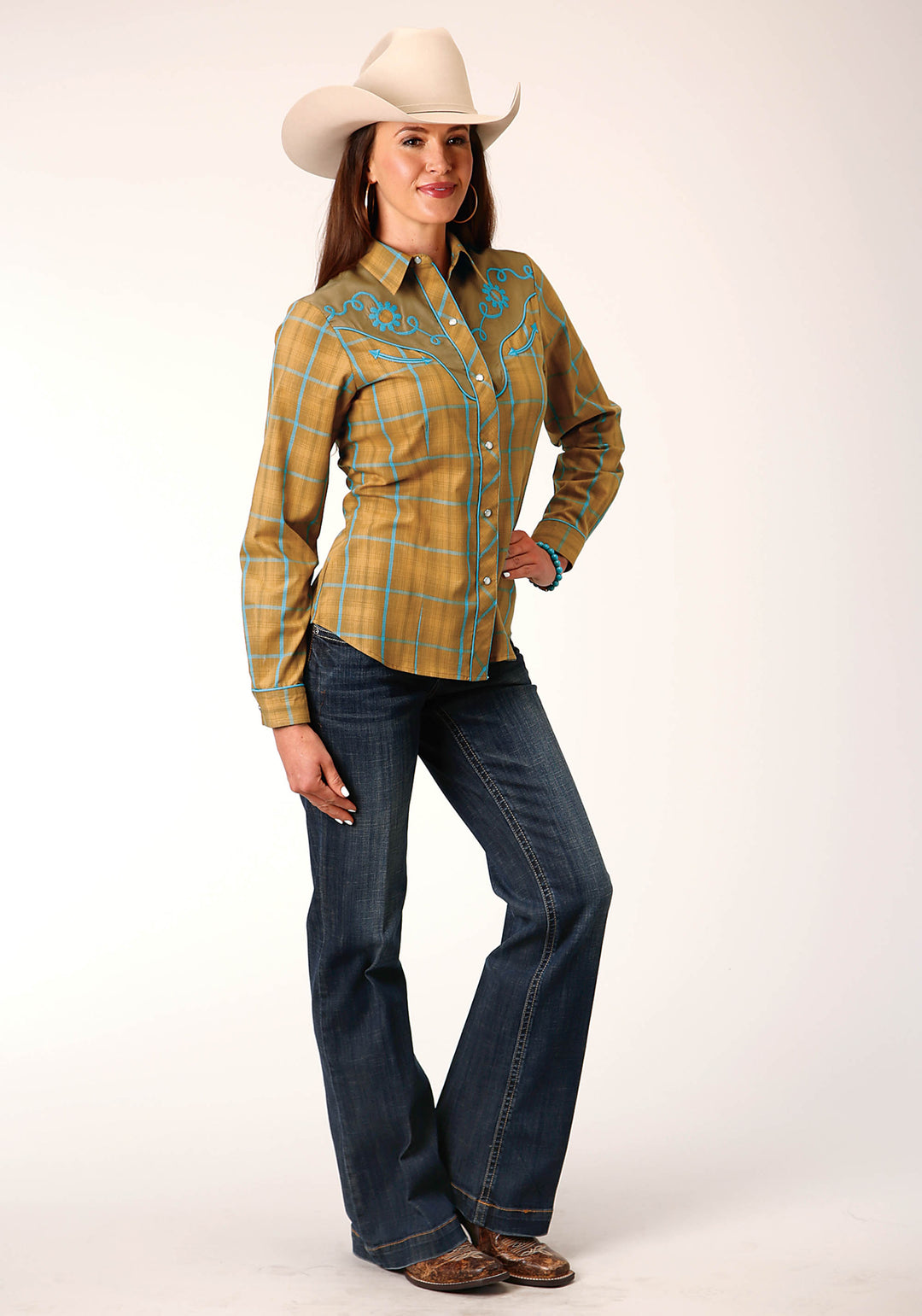 WOMENS LONG SLEEVE SNAP BUTTERSCOTCH TURQUOISE PLAID WESTERN SHIRT