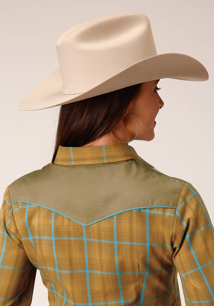 WOMENS LONG SLEEVE SNAP BUTTERSCOTCH TURQUOISE PLAID WESTERN SHIRT