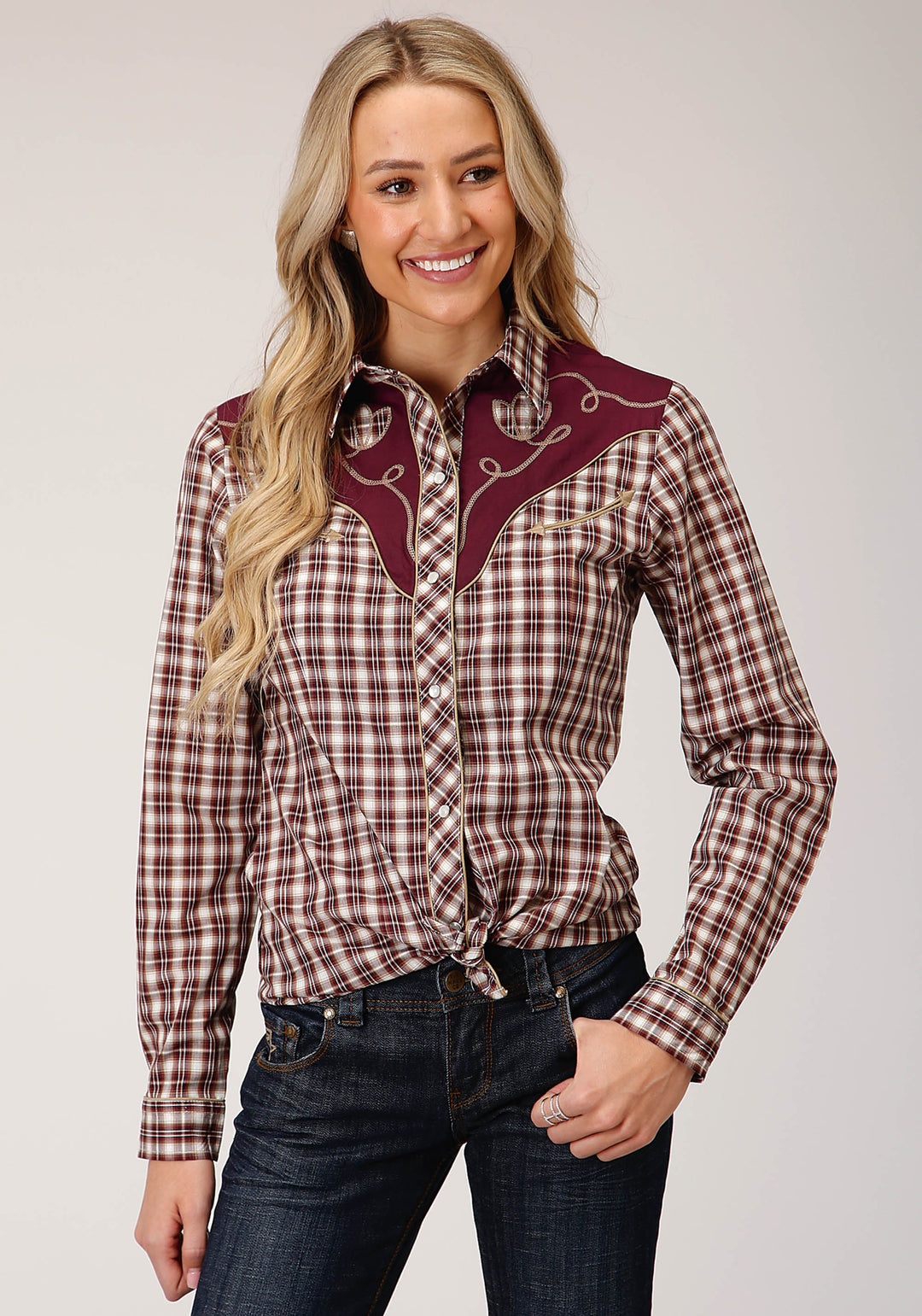 WOMENS LONG SLEEVE SNAP WINE CREAM TAN SMALL SCALE PLAID WESTERN SHIRT