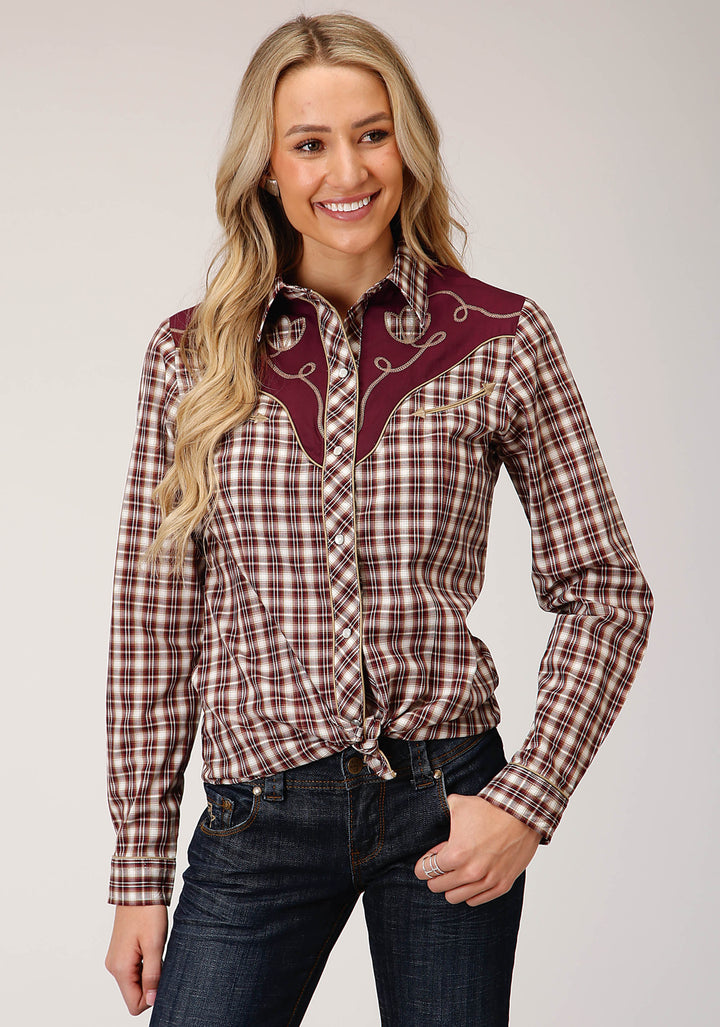 WOMENS LONG SLEEVE SNAP WINE CREAM TAN SMALL SCALE PLAID WESTERN SHIRT
