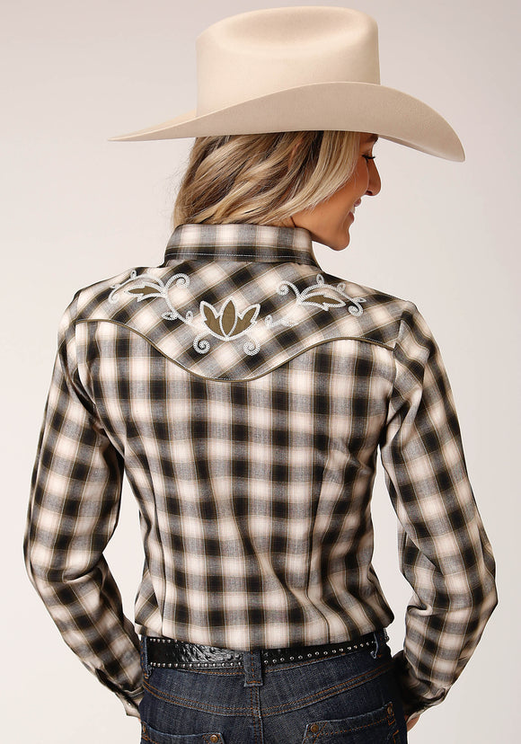 WOMENS LONG SLEEVE SNAP BLACK  CREAM  AND OLIVE PLAID WESTERN SHIRT