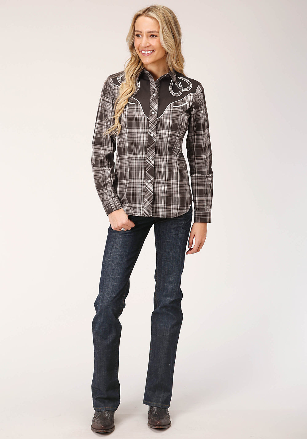 WOMENS LONG SLEEVE SNAP CHOCOLATE AND CREAM PLAID WESTERN SHIRT