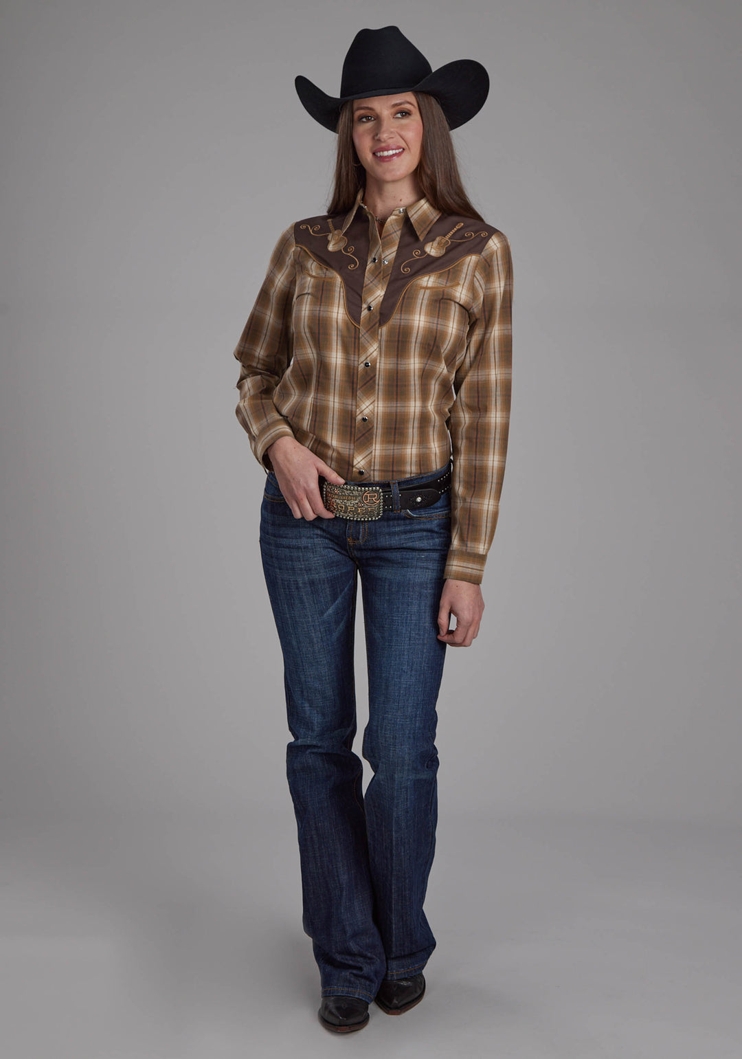WOMENS TOBACCO, BLACK, AND RED PLAID LONG SLEEVE SNAP WESTERN SHIRT