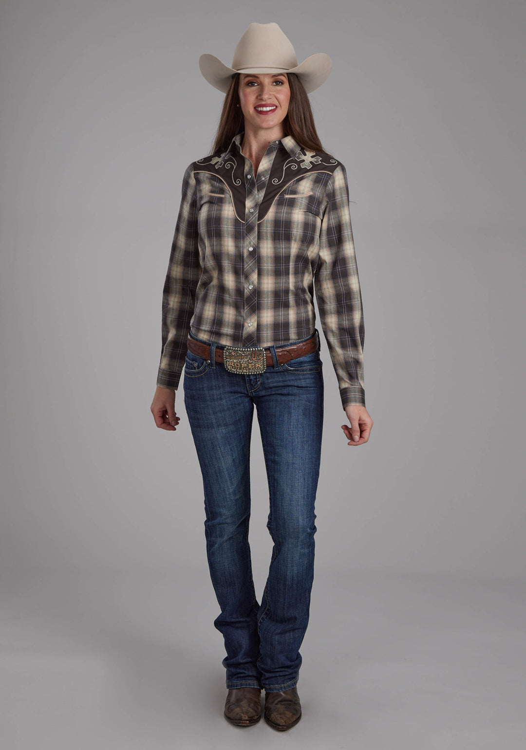 WOMENS GRAY CREAM AND TAN PLAID LONG SLEEVE SNAP WESTERN SHIRT