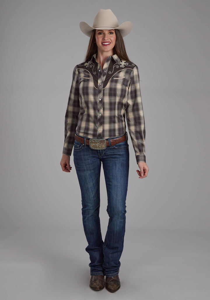 WOMENS GRAY CREAM AND TAN PLAID LONG SLEEVE SNAP WESTERN SHIRT