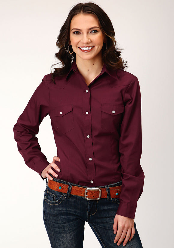 WOMENS LONG SLEEVE SNAP SOLID BROADCLOTH  WINE WESTERN SHIRT