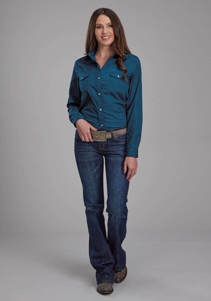 WOMENS SOLID BLUE STEEL LONG SLEEVE SNAP WESTERN SHIRT