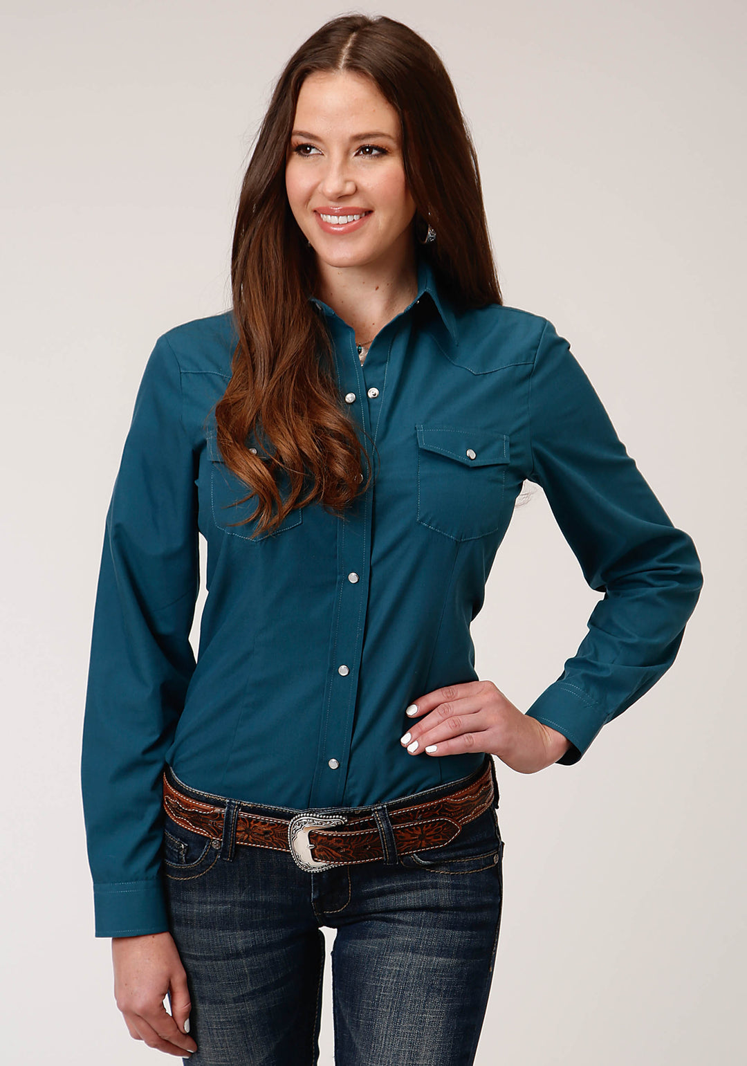 WOMENS LONG SLEEVE SNAP SOLID BROADCLOTH  DEEP TEAL WESTERN SHIRT