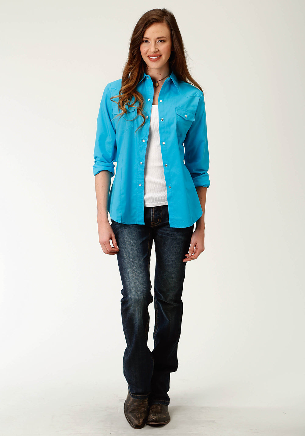 WOMENS TURQUOISE SOLID LONG SLEEVE SNAP WESTERN SHIRT