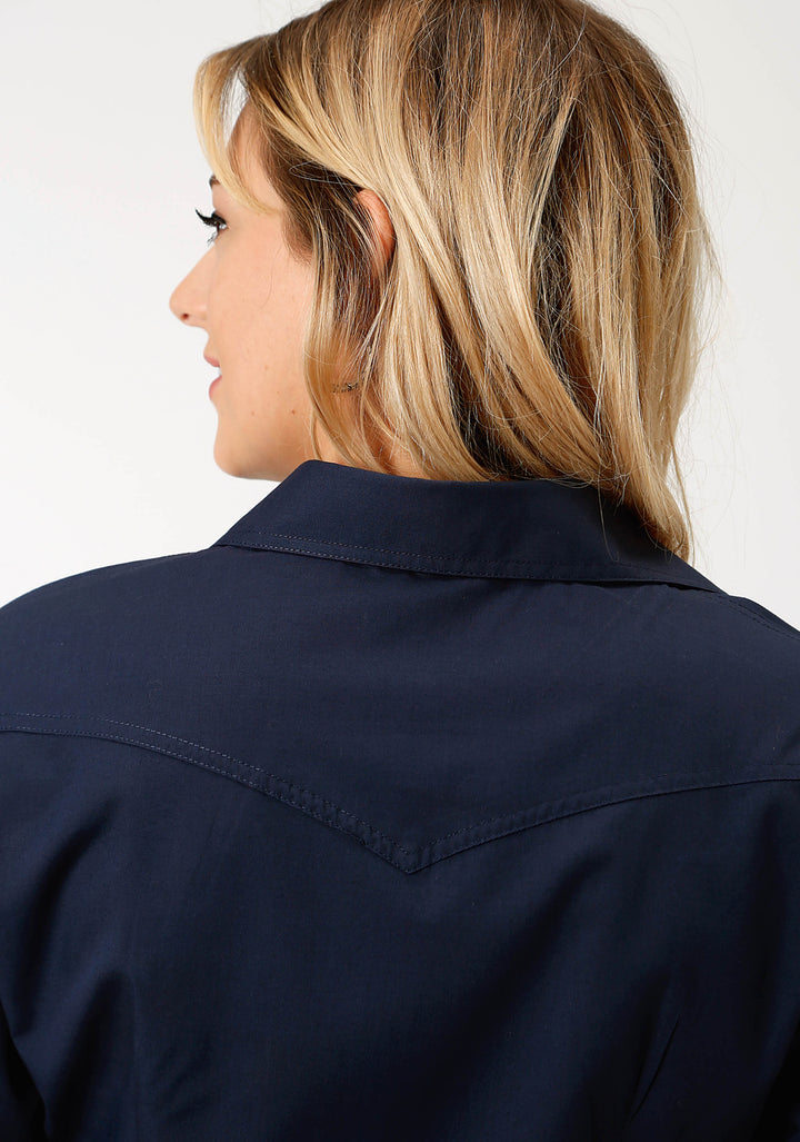WOMENS BLUE SOLID LONG SLEEVE SNAP WESTERN SHIRT