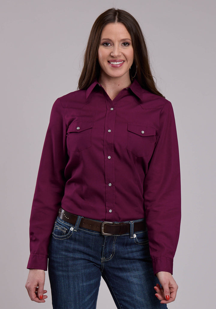WOMENS LONG SLEEVE SNAP SOLID BROADCLOTH - WINE WESTERN SHIRT