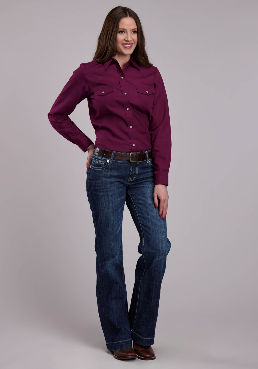 WOMENS LONG SLEEVE SNAP SOLID BROADCLOTH - WINE WESTERN SHIRT