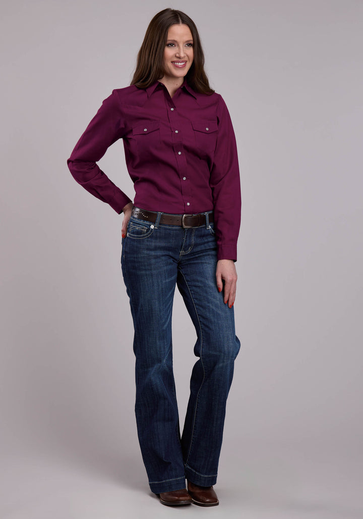WOMENS LONG SLEEVE SNAP SOLID BROADCLOTH - WINE WESTERN SHIRT