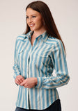 WOMENS LONG SLEEVE SNAP AQUA AND CREAM OMBRE STRIPE WESTERN SHIRT