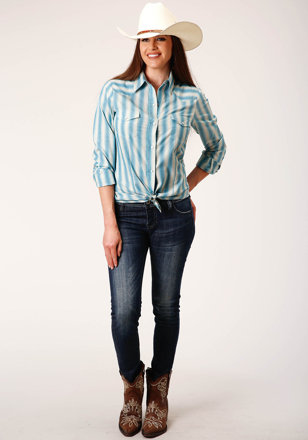 WOMENS LONG SLEEVE SNAP AQUA AND CREAM OMBRE STRIPE WESTERN SHIRT
