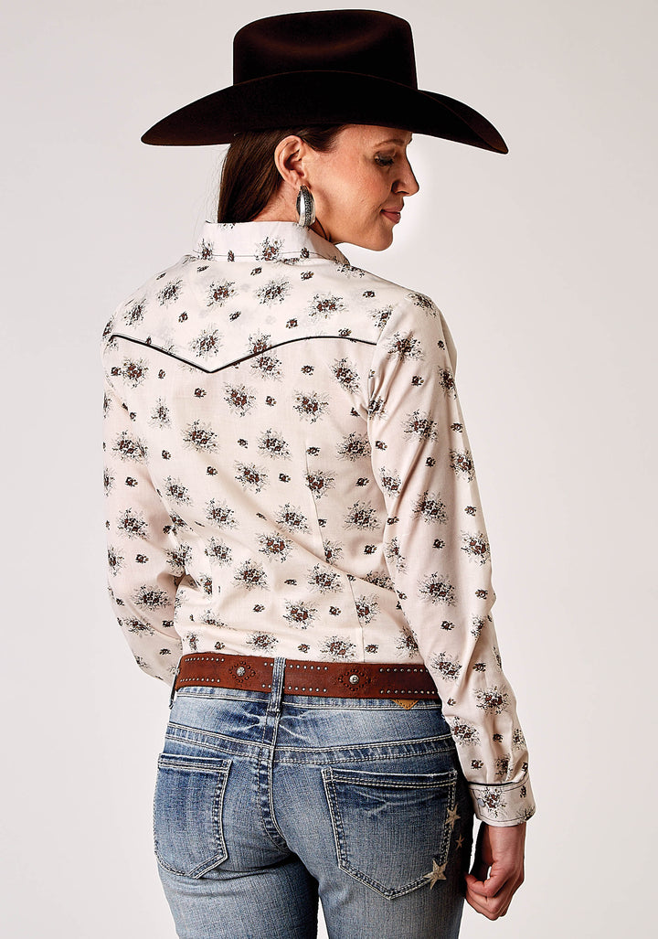 WOMENS LONG SLEEVE SNAP VINTAGE FLORAL WESTERN SHIRT WITH SOLID PIPING ON FRONT AND BACK YOKES SMILE POCKETS