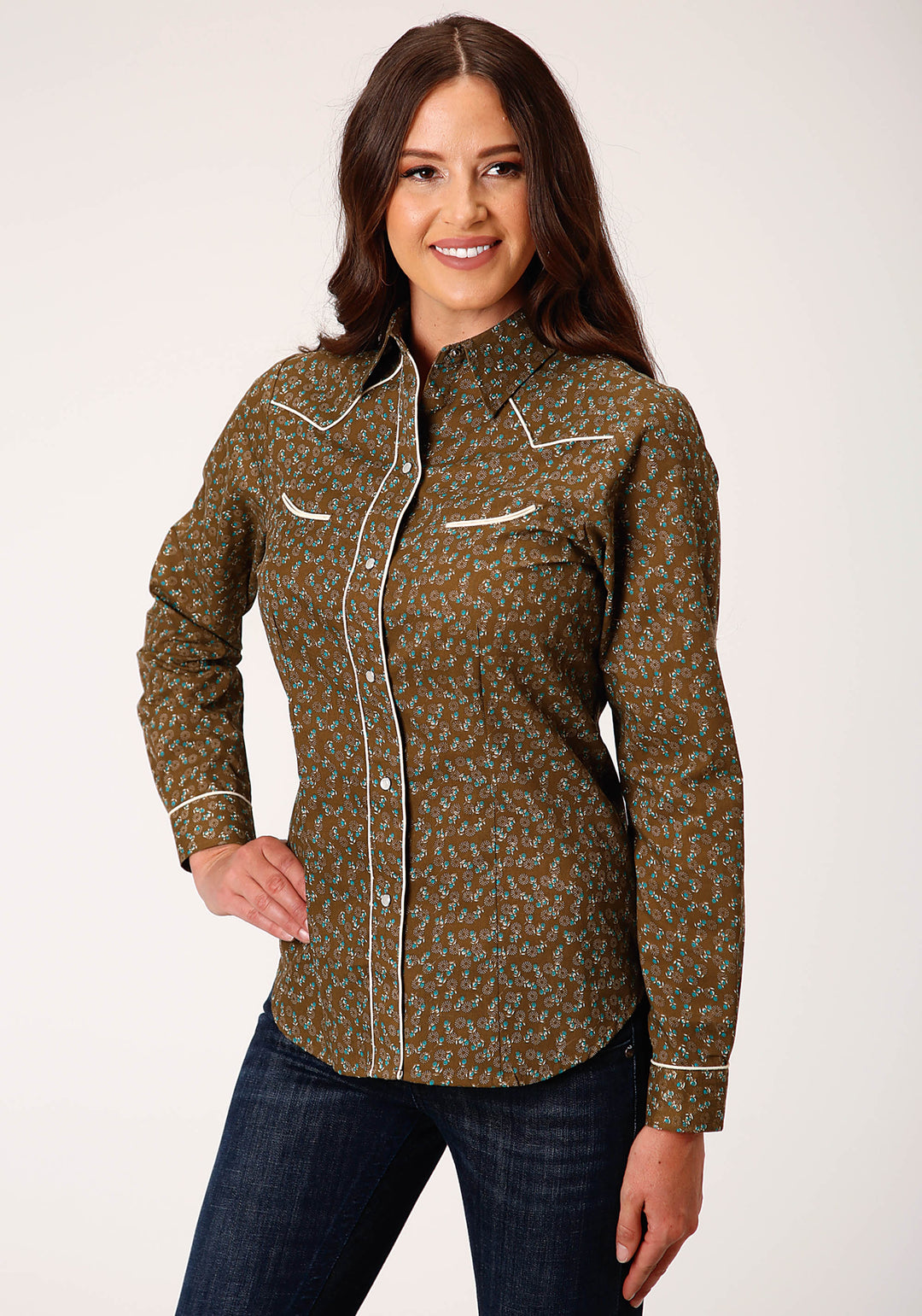 WOMENS LONG SLEEVE SNAP BROWN TURQUOISE AND CREAM MINI FLORAL WESTERN SHIRT
