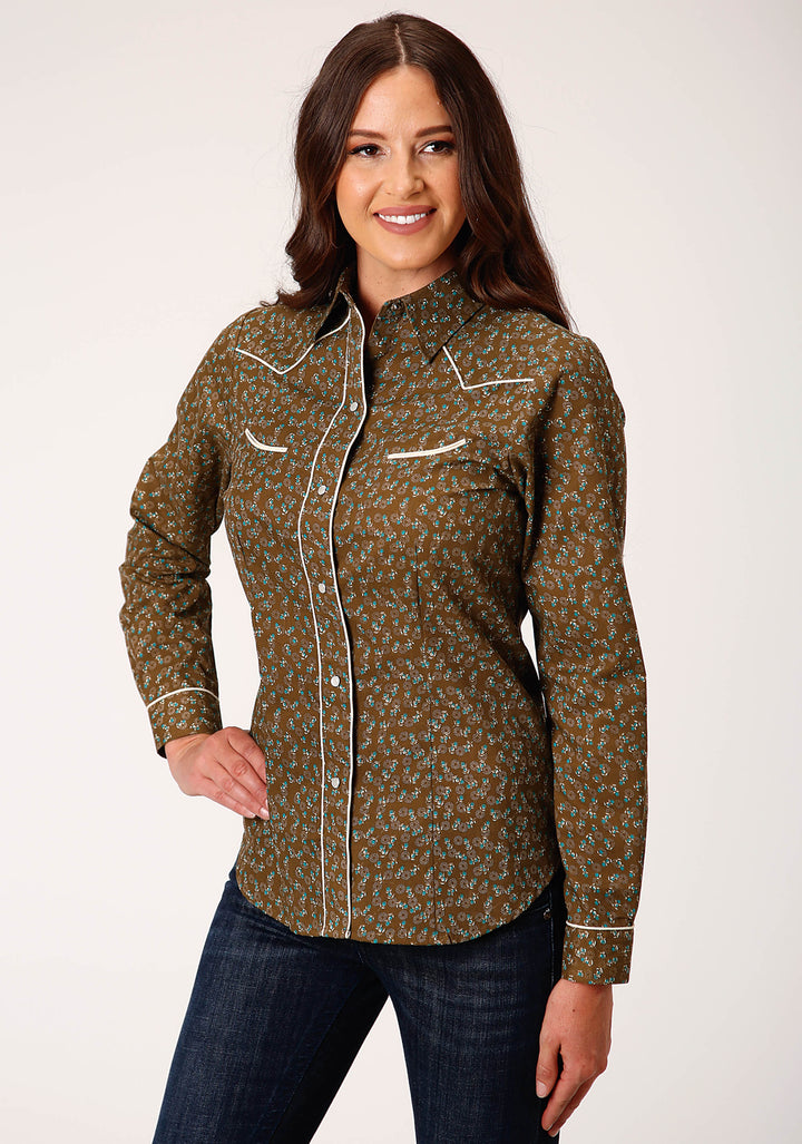 WOMENS LONG SLEEVE SNAP BROWN TURQUOISE AND CREAM MINI FLORAL WESTERN SHIRT