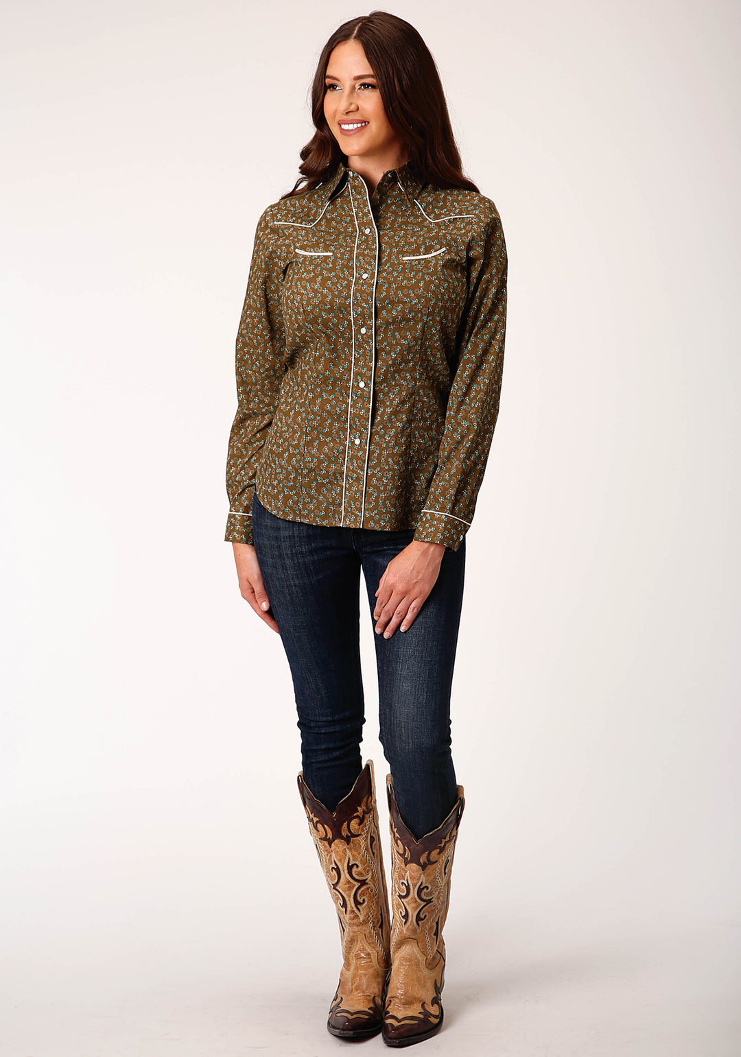 WOMENS LONG SLEEVE SNAP BROWN TURQUOISE AND CREAM MINI FLORAL WESTERN SHIRT