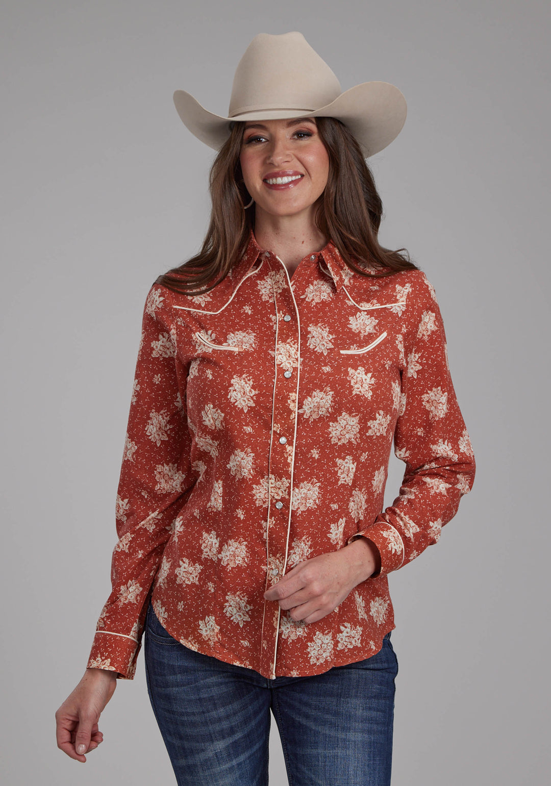 WOMENS ORANGE AND CREAM FLORAL PRINT LONG SLEEVE SNAP WESTERN SHIRT