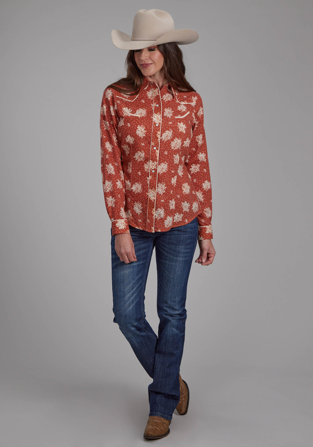 WOMENS ORANGE AND CREAM FLORAL PRINT LONG SLEEVE SNAP WESTERN SHIRT