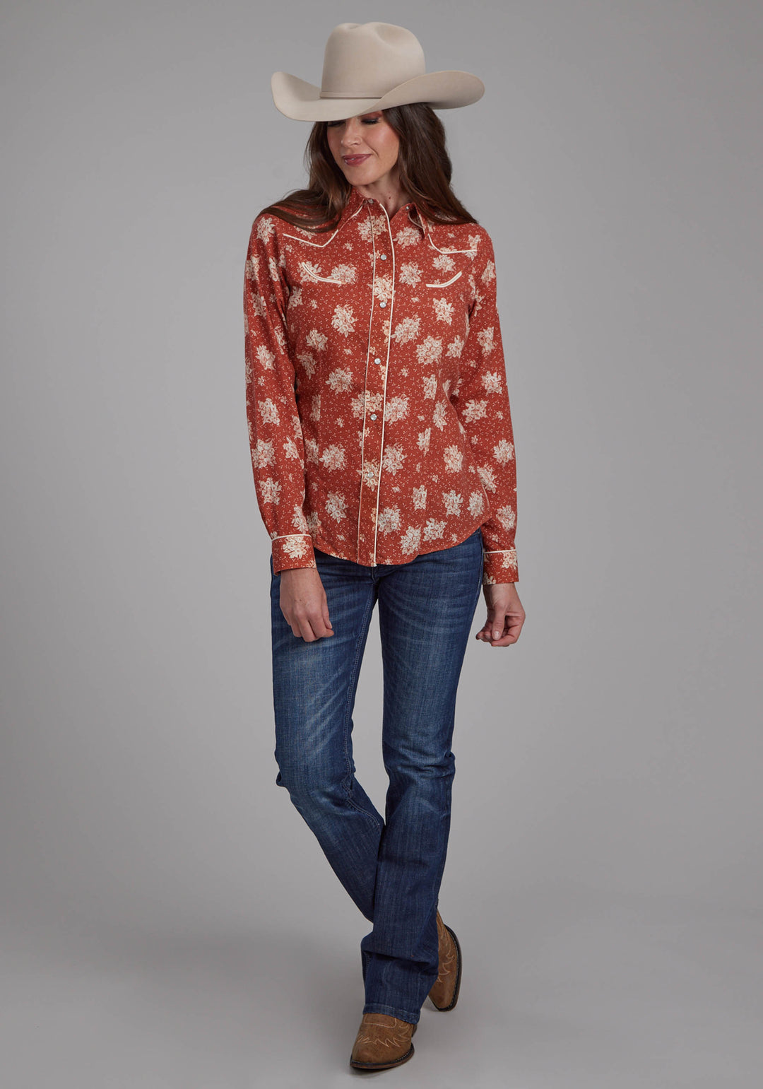 WOMENS ORANGE AND CREAM FLORAL PRINT LONG SLEEVE SNAP WESTERN SHIRT