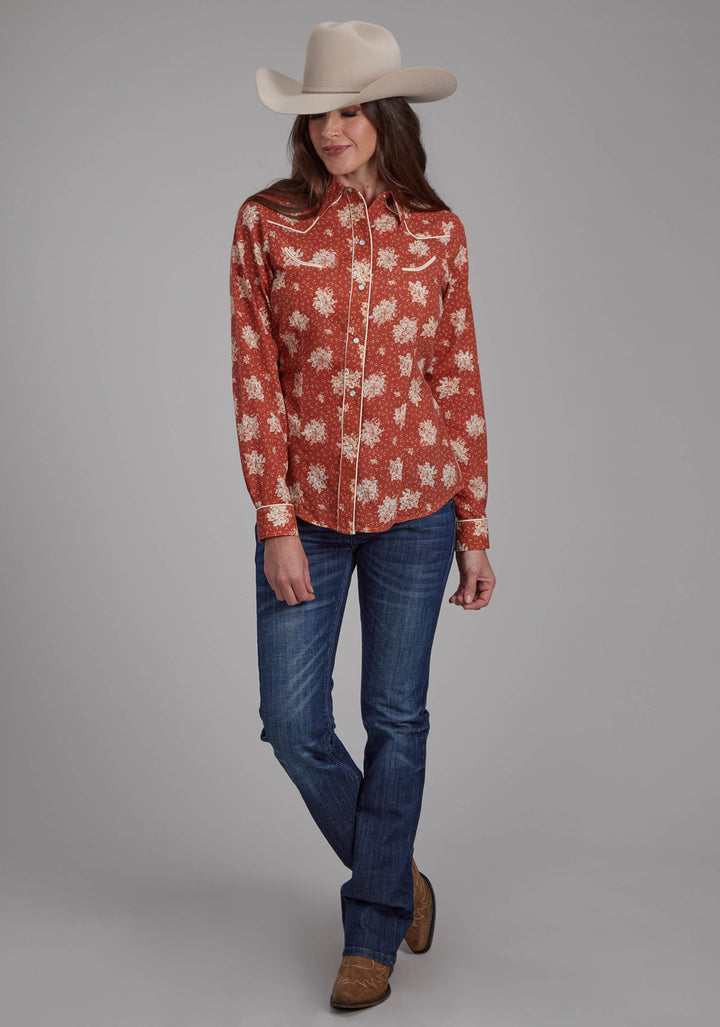 WOMENS ORANGE AND CREAM FLORAL PRINT LONG SLEEVE SNAP WESTERN SHIRT