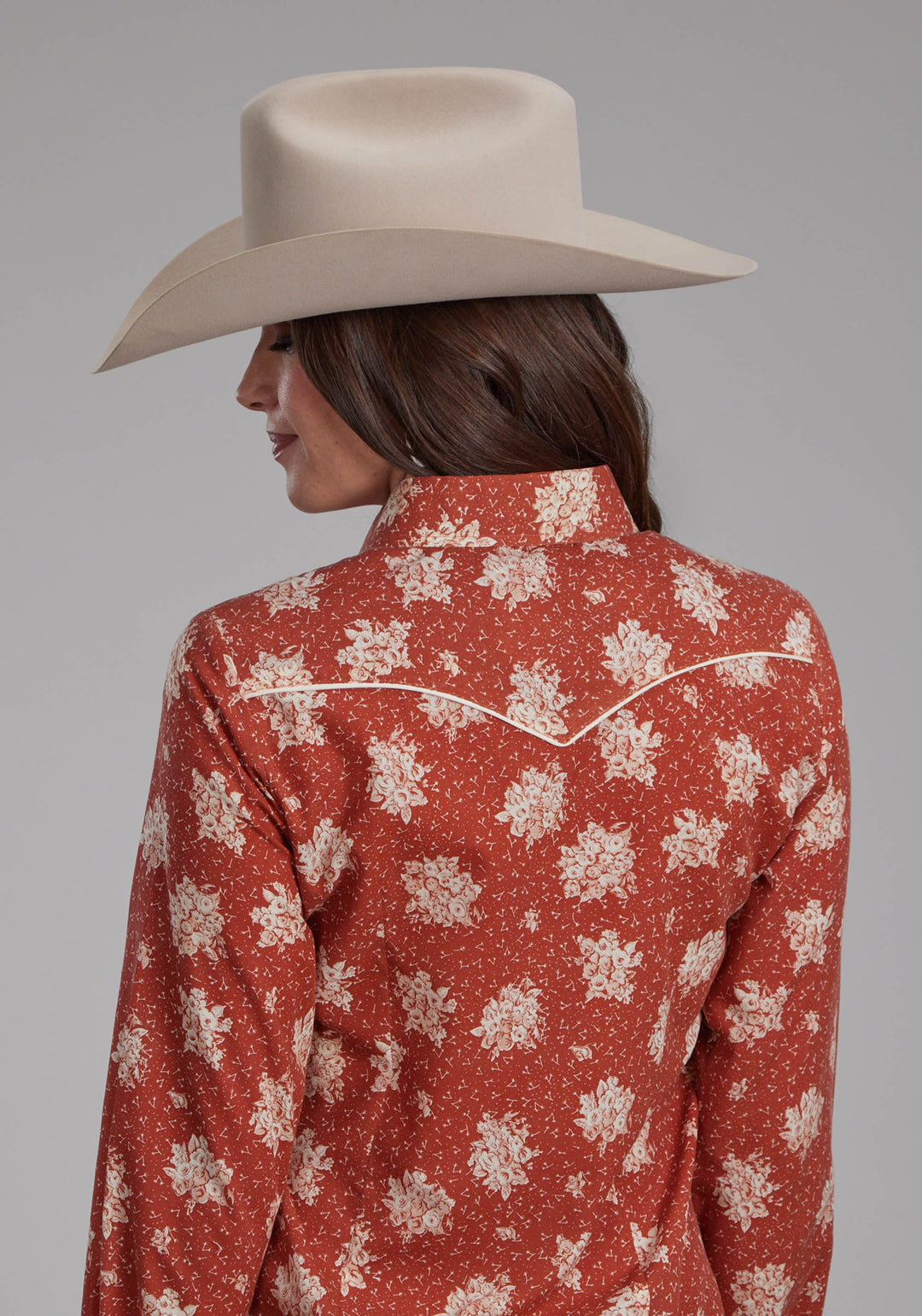WOMENS ORANGE AND CREAM FLORAL PRINT LONG SLEEVE SNAP WESTERN SHIRT