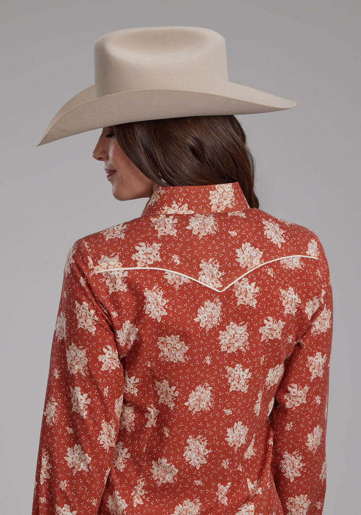 WOMENS ORANGE AND CREAM FLORAL PRINT LONG SLEEVE SNAP WESTERN SHIRT