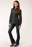 WOMENS LONG SLEEVE SNAP BLACK AND CREAM FLORAL PRINT WESTERN SHIRT