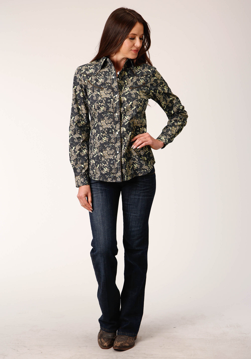 WOMENS LONG SLEEVE SNAP VINTAGE DARK FLORAL PRINT WESTERN SHIRT