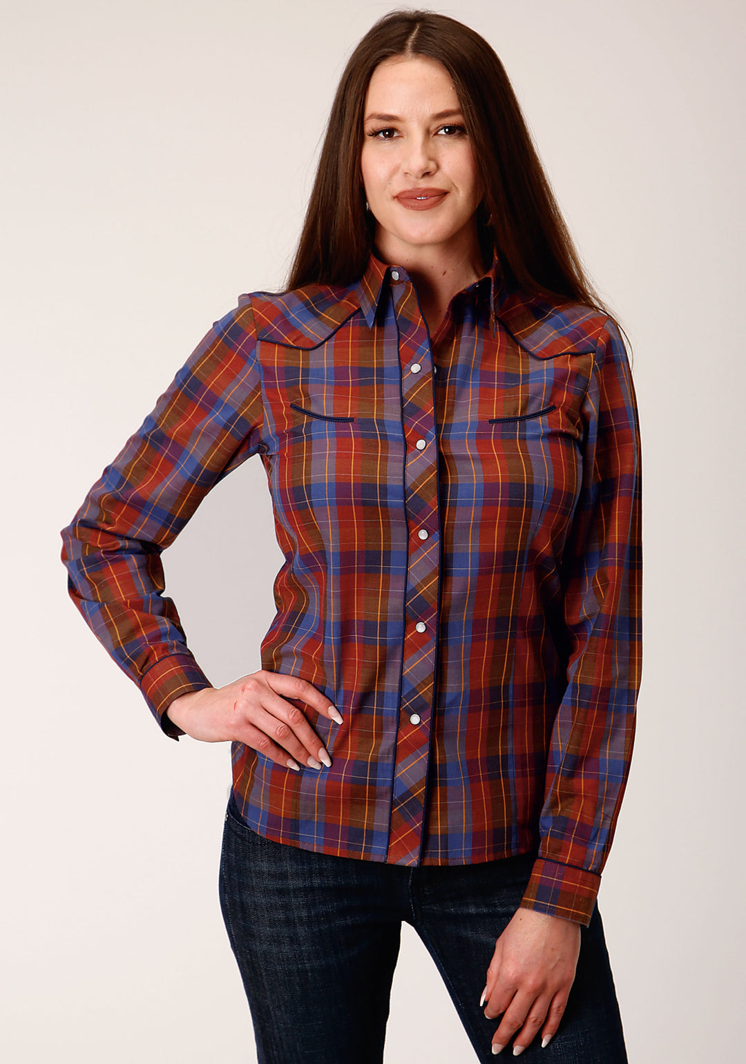 WOMENS LONG SLEEVE SNAP WINE AND PERI WINDOWPANE WESTERN SHIRT