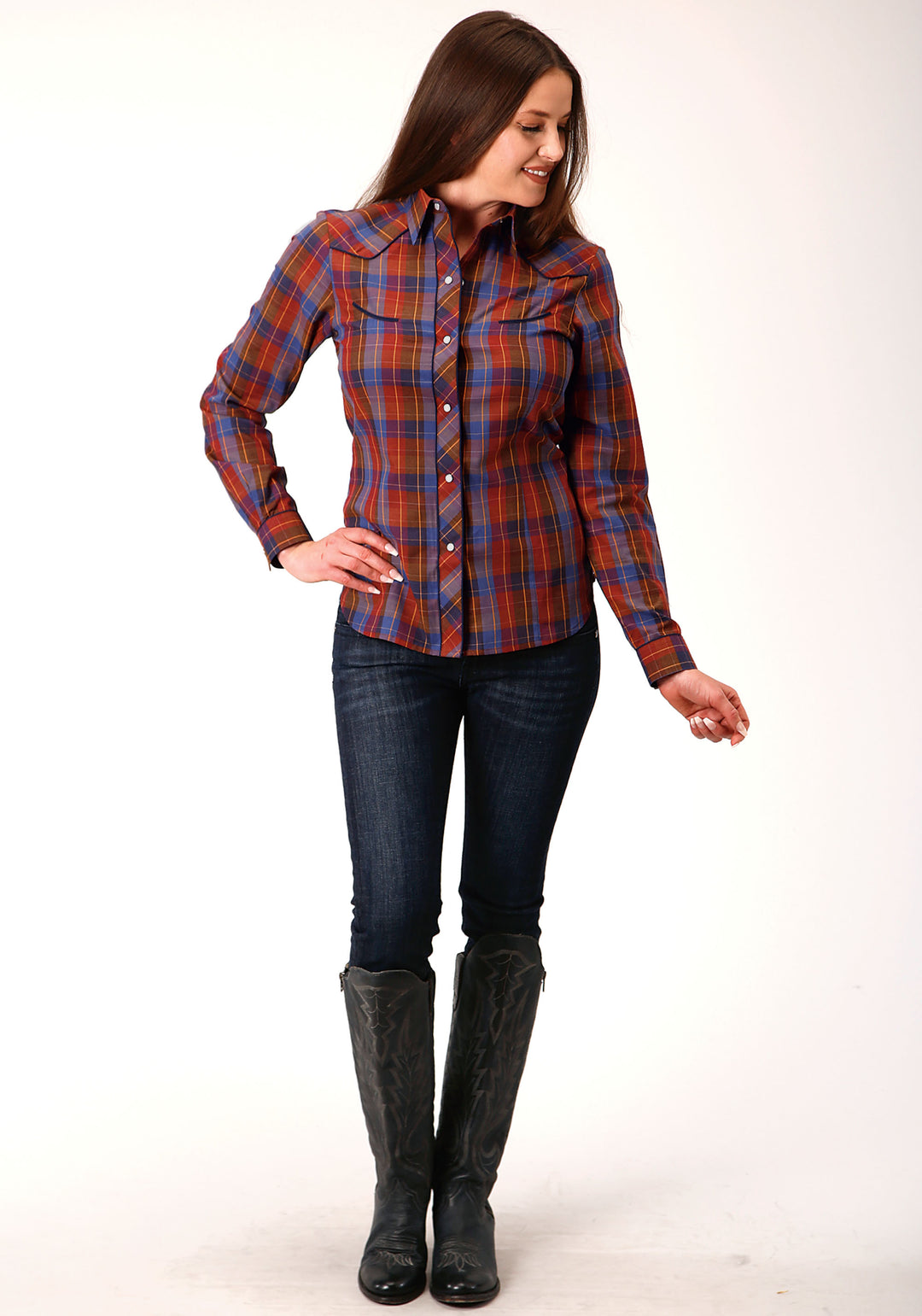 WOMENS LONG SLEEVE SNAP WINE AND PERI WINDOWPANE WESTERN SHIRT
