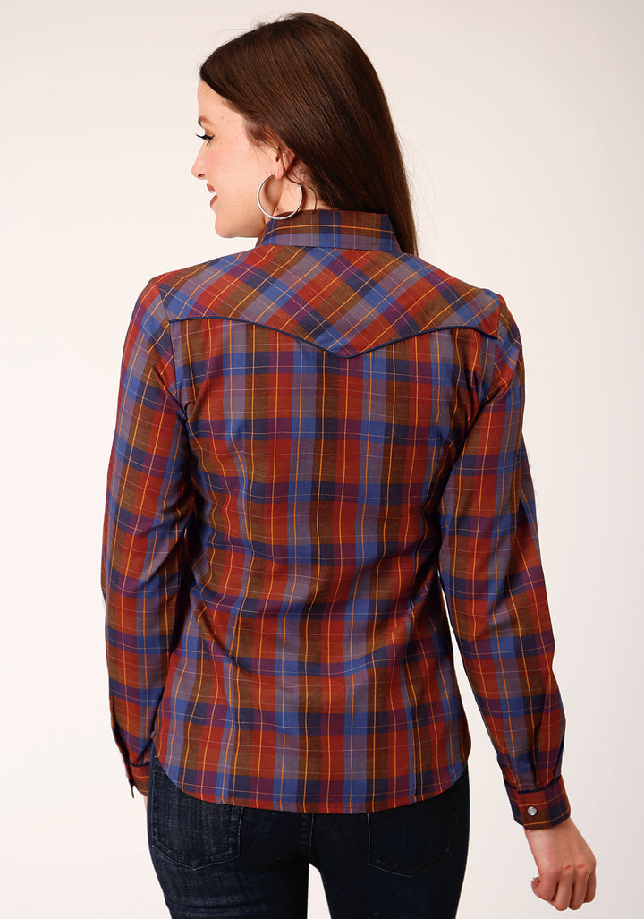 WOMENS LONG SLEEVE SNAP WINE AND PERI WINDOWPANE WESTERN SHIRT